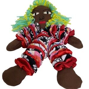 Handmade Black Fabric YoYo Yarn Haired Folk Art Doll Size 9”X11”  New Condition